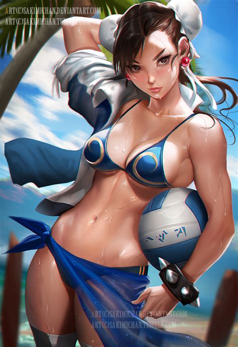 Rule 34 Beach Bikini Bracelet Brown Hair Bun Cover Capcom Chun Li Cleavage Double Bun Female