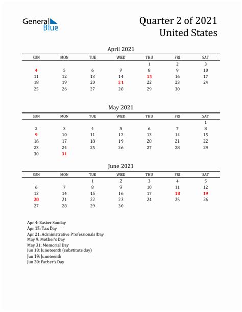 Q2 2021 Quarterly Calendar With United States Holidays Pdf Excel Word