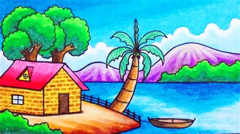 How To Draw Easy Scenery Drawing Simple Sea Beach House Scenery Step