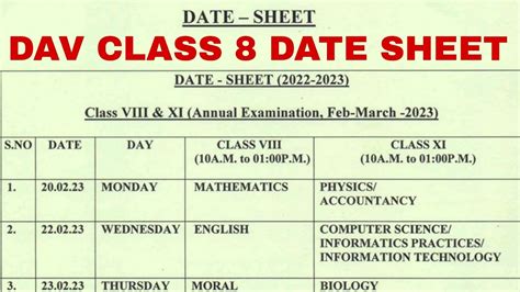 Dav Class 8 Date Sheet Annual Exams 2022 2023 Dav Class 11 Date Sheet