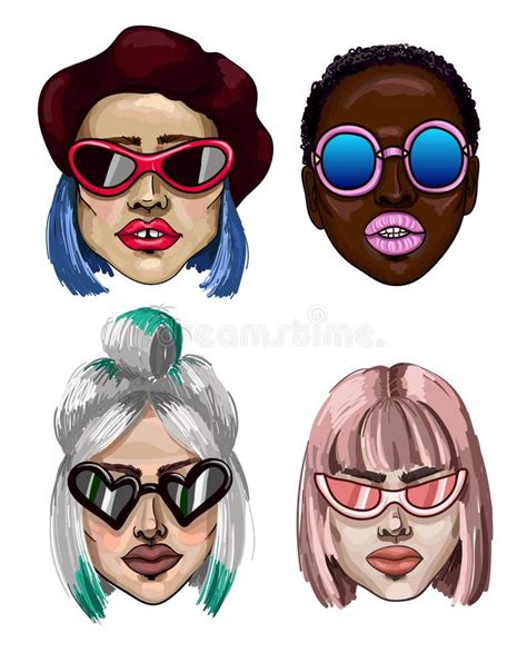 Trendy Fashion Girls With Sunglasses Different Type Of Sunglasses And Face Vector Illustration