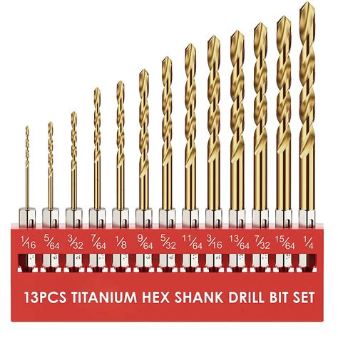 Macxcoip Hex Shank Drill Bit Set，13 Pcs Hss Titanium Twist Drill Bit