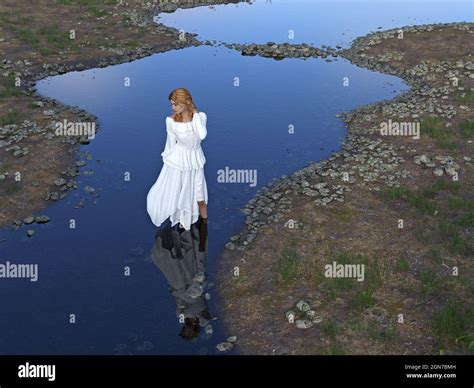 3d illustration of a woman wearing a flowing white dress standing in a stream in a rural setting