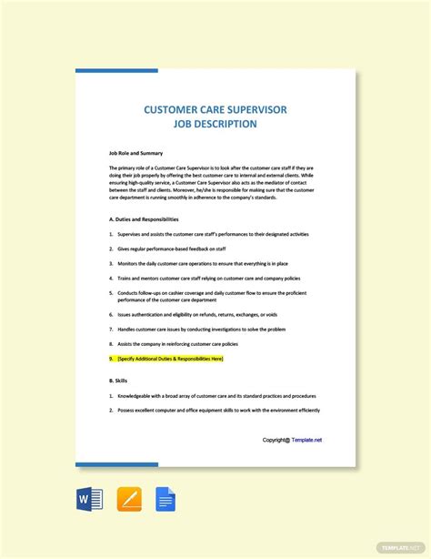 We are looking for a supervisor who will be in charge of managing one of our working shifts. Customer Care Supervisor Job Description Template [Free ...