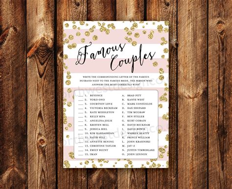 Digital Famous Couples Bridal Shower Game Celebrity Matching