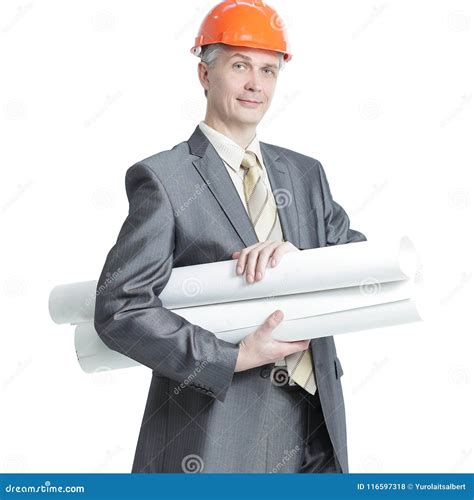 Portrait Of Confident Engineer Architect With The Drawings Stock Photo
