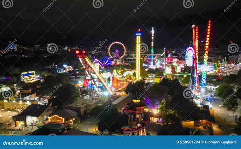 Night Aerial View Of Prater Amusement Park In Vienna From Drone Stock