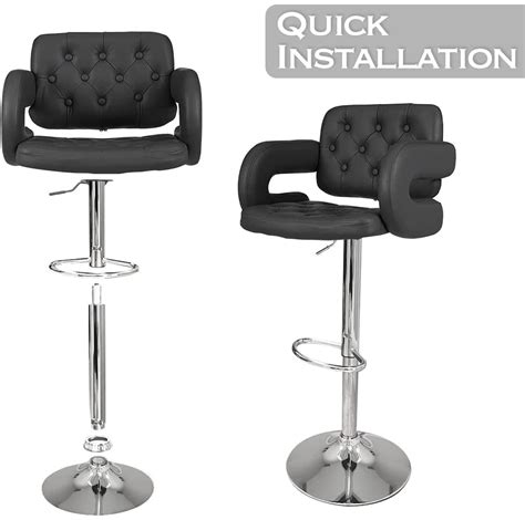 Tufted Solid Black Swivel Bar Stool With Armrests Height Adjustable