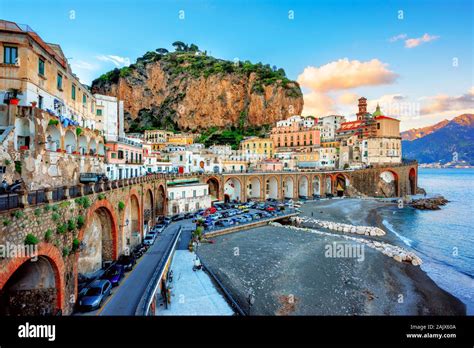 Atrani Old Town And Beach On Amalfi Coast Naples Italy In Sunset