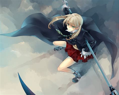 online crop female anime character with red skirt and black coat digital wallpaper soul eater