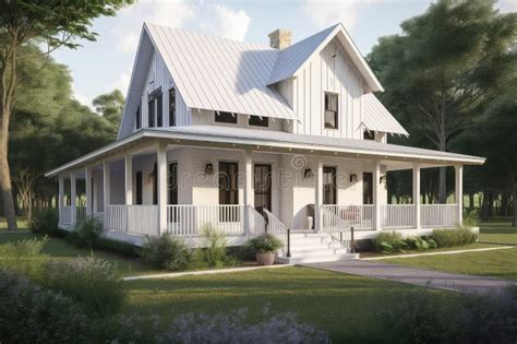 Modern Farmhouse With Wrap Around Porch And Shabby Chic Exterior Stock