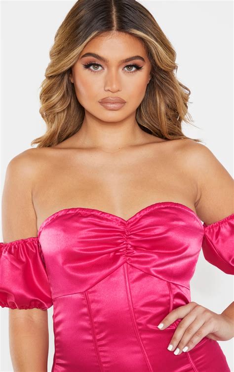 Pink Satin Binding Detail Bardot Bodycon Dress Prettylittlething Ie