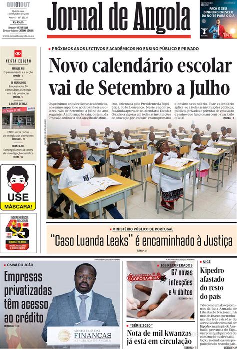 Capa Jornal De Angola De 2020 10 01