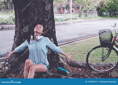 Woman Relax Time In Park She Sitting Under Big Tree Stock Image Image