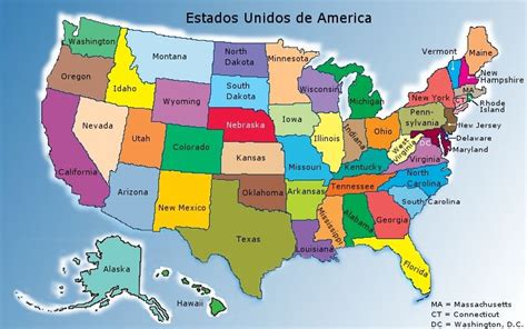 mapa de estados unidos en espanol dividido en estados y un cuadro en el que figura la