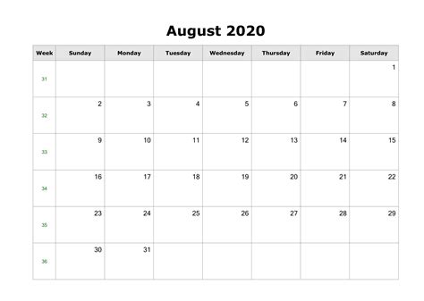 Free Blank August 2020 Calendar Fillable Printable Template