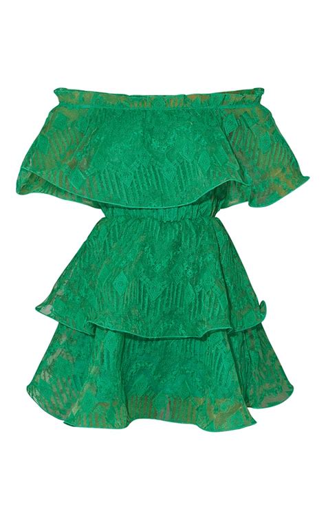 Bright Green Lace Bardot Ruffle Tiered Dress Prettylittlething