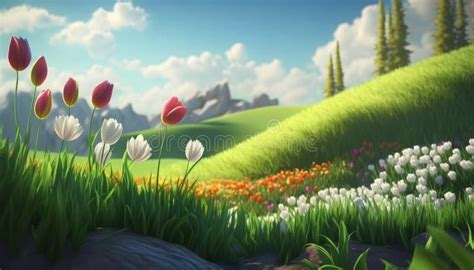 Idyllic Spring Landscape With Rolling Green Hills And Tulip Flowers