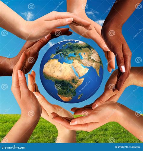 World Map With Hands In Different Colors Royalty Free Stock Image
