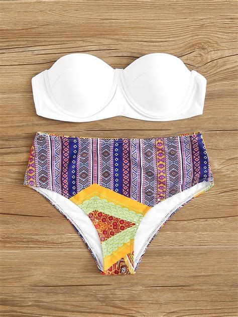 Underwired White Bandeau Swimsuit Multicolor Geometric Bikini Bottom