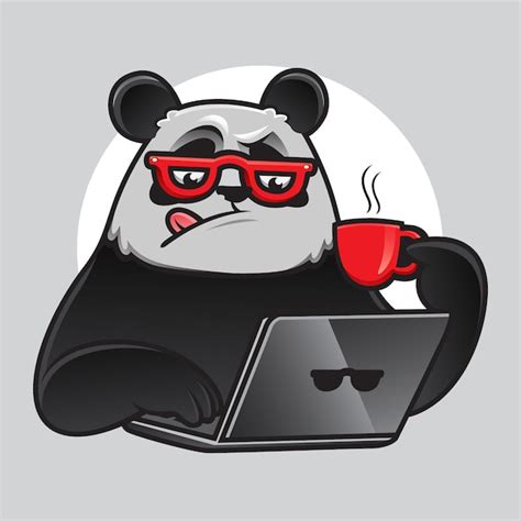 Geek Panda Working With Laptop And Coffee Premium Vector