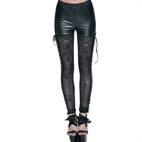 Punk Women Lace Up High Waist Leggings Steampunk See Through Sexy Women Pants Patchwork Skinny