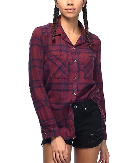 Empyre Hadley Destroyed Burgundy And Navy Plaid Button Up Flannel Shirt