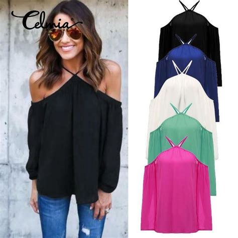 celmia women sexy off shoulder tops blouse 2018 summer halter female casual long sleeve loose