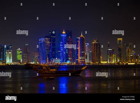 Skyline Doha By Night Katar Stock Photo Alamy