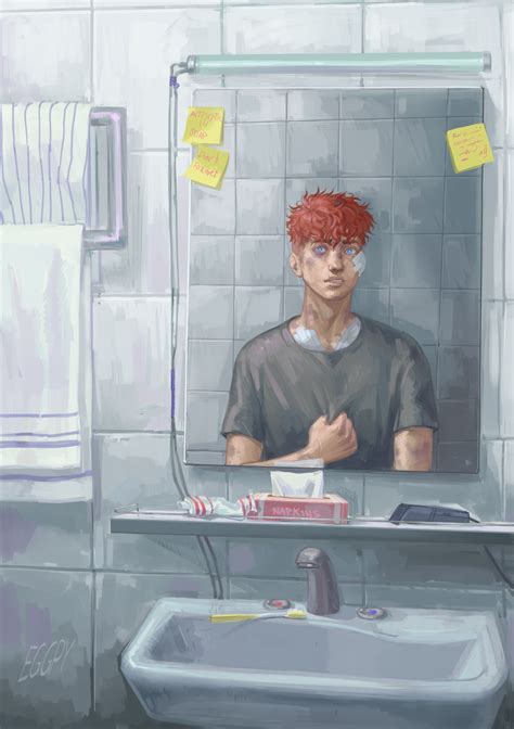 A Man With Red Hair Standing In Front Of A Bathroom Mirror Next To A Sink