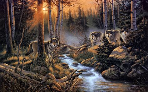 Wolves Wolf Paintings Artistic Art Print Landscapes Nature Rivers Streams Woods Trees