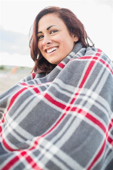 Portrait Of A Woman Covered With Blanket At Beach Stock Photo Image