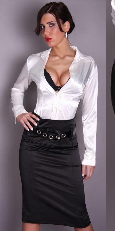Black Satin Pencil Skirt And White Satin Blouse Feminino Camisas Femininas Camisa