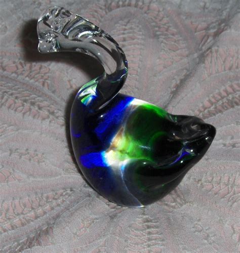 Vtg Art Glass Swan Figurine Cobalt Blue Emerald Green Glass Bird