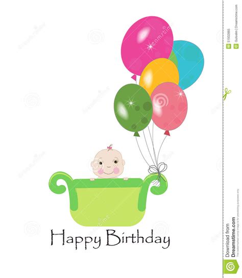 Happy First Birthday Greeting Card With Balloons Stock