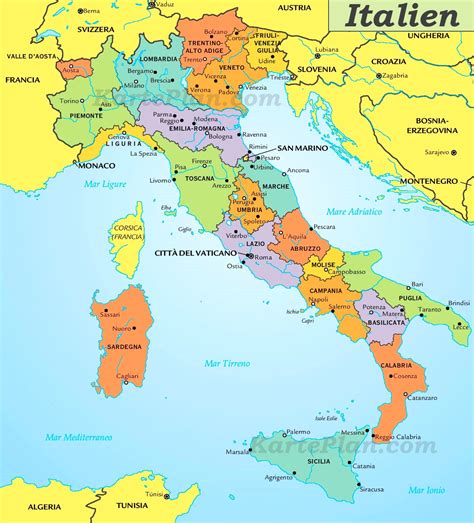italien regioner karta Italien regionen und hauptstädte landkarte mit