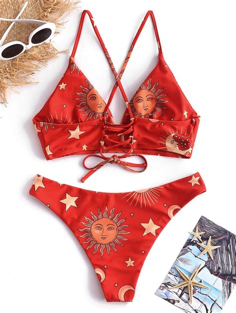 Zaful Star Sun Moon Print Bathing Suits For Women Back Criss Cross Lace Up Triangle Bikini