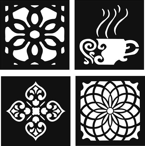Decorative Motifs Of Flower Squares And Coffee Cup For Laser Cutting