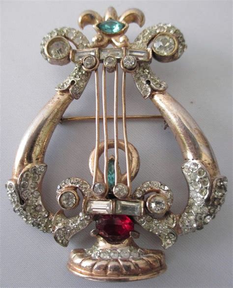 Vintage 1940s Sterling Silver Coro Craft Rhinestone Lyre Harp Brooch