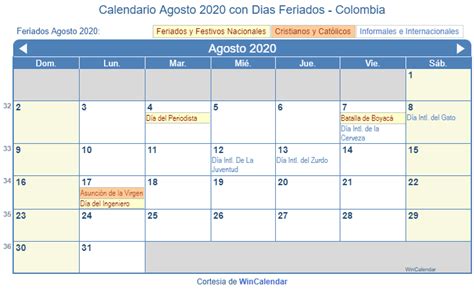Calendario Agosto 2020 Para Imprimir Colombia