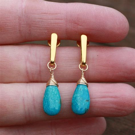 Natural Arizona Turquoise Earrings Kyellow Gold Filled Etsy