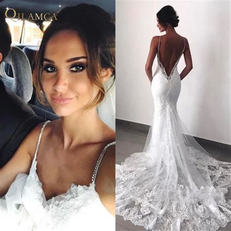 Sexy New Backless Lace Wedding Dresses 2019 Spaghetti Straps Mermaid Layers Appliqued Boho