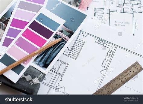 Interior Designers Working Table Architectural Plan Stock Photo