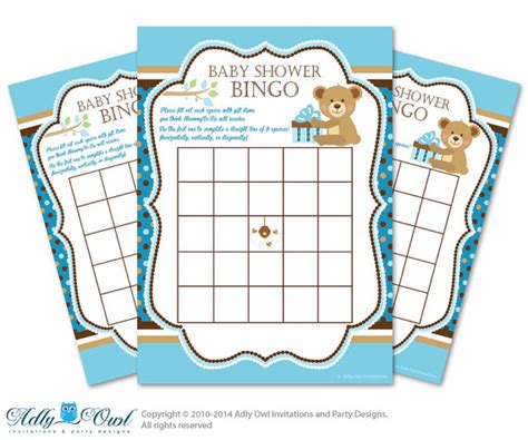 Blue Brown Teddy Bear Bingo Game Printable Card For Baby Boy Shower