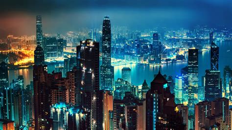 Wallpaper Night View The City Hong Kong Skyscrapers Lights 3840x2160