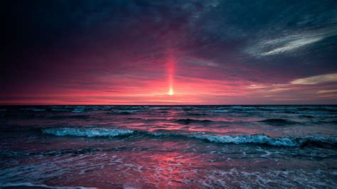 Sunset, ocean, pink sky, rockaway beach, landscape, seascape, waves, beautiful, scenery, 5k. Pink sky at sunset in the sea wallpapers and images ...