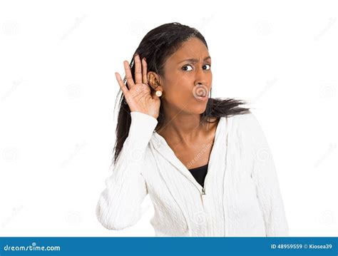 Nosy Surprised Woman Hand To Ear Secretly Listen In On Gossip Stock