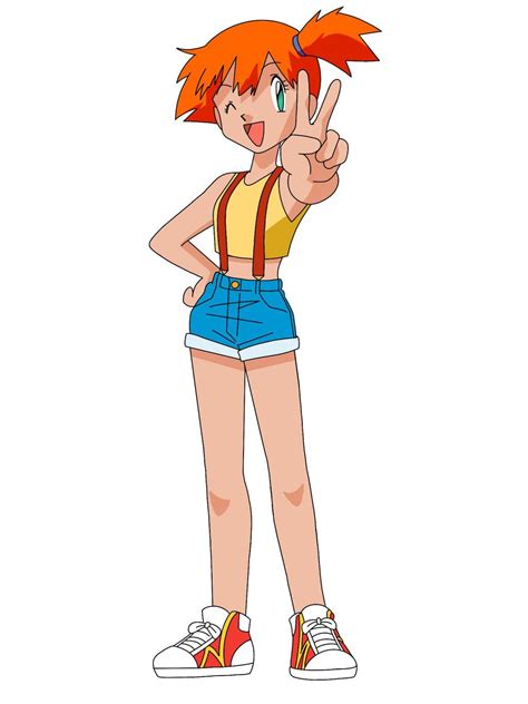 An Anime Character With Red Hair And Blue Shorts Pointing To The Side