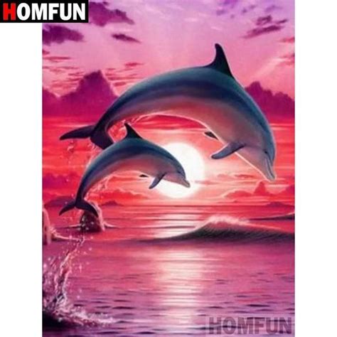 D Diamond Painting Red Sunset Dolphins Kit Dolphin Painting Dolphin