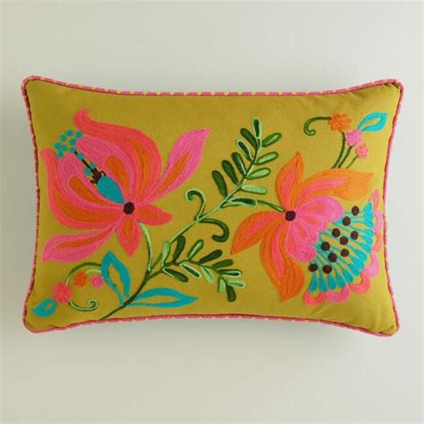 Flowers And Leaves Embroidered Lumbar Pillow V1 Flower Throw